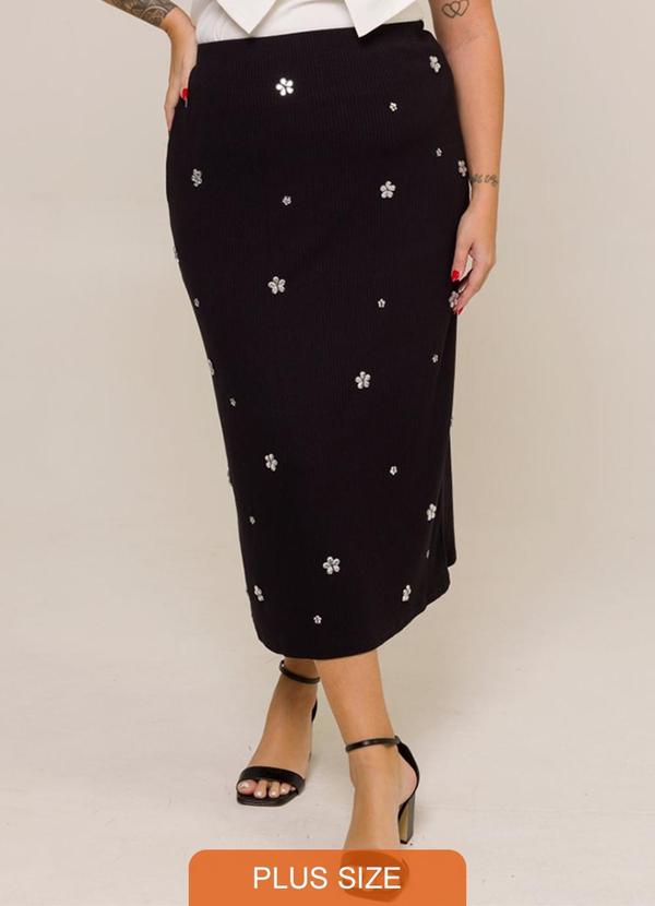 Cess - Saia Midi Plus Size Bordado Preto