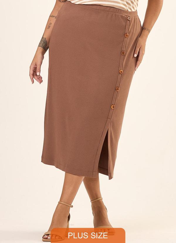 Cess - Saia Midi Plus Size Canelado Colina Marrom