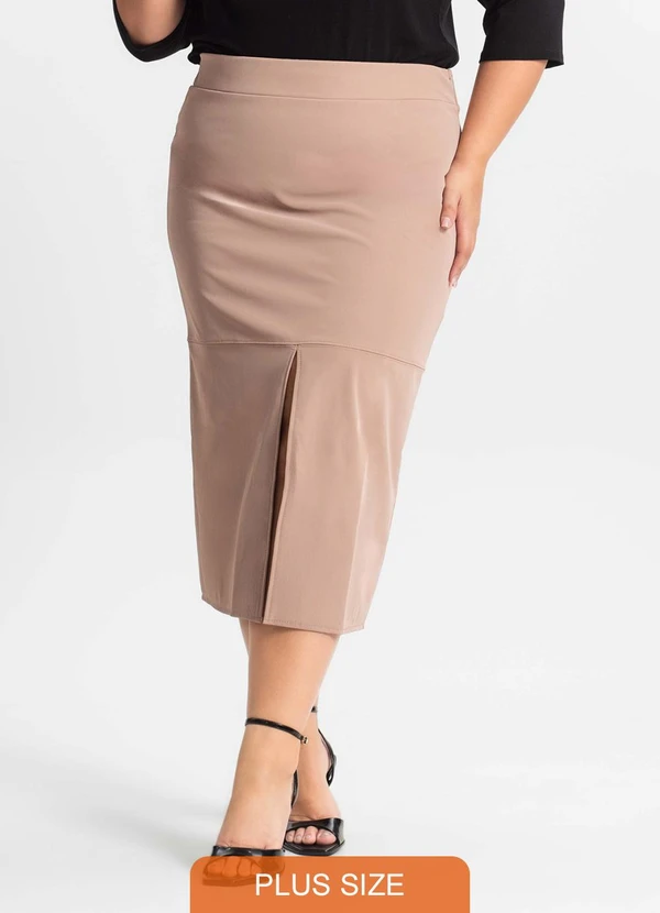 Secret Glam - Saia Midi Plus Size com Fenda Marrom