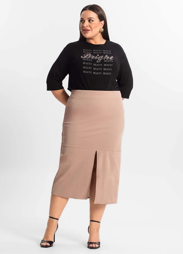 Secret Glam - Saia Midi Plus Size com Fenda Marrom 3