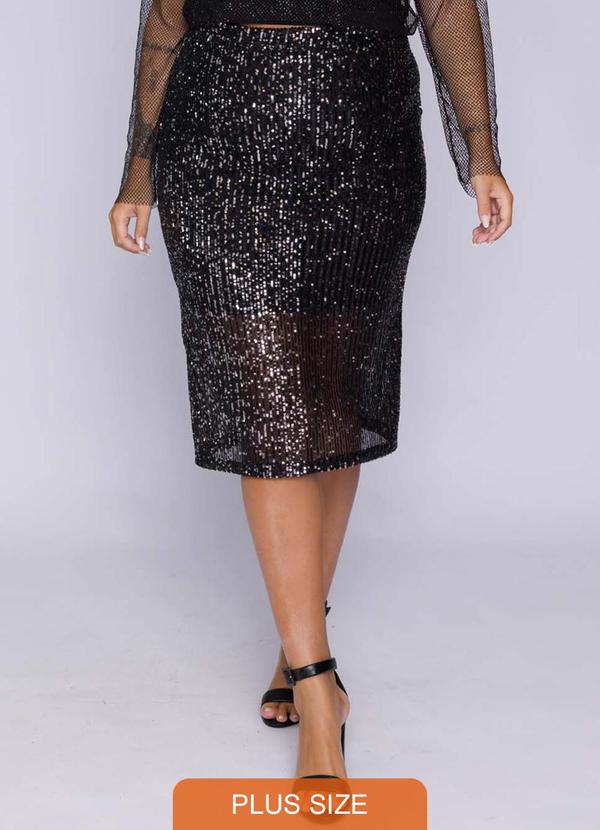 Cess - Saia Midi Plus Size em Paetê Preta