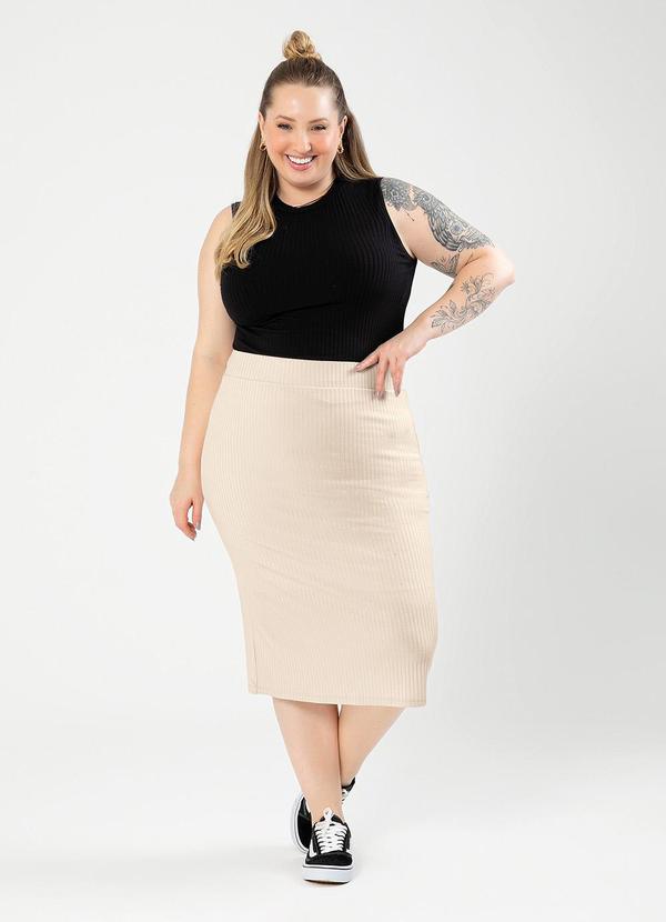 Cativa - Saia Plus Size Midi Canelada Bege 3
