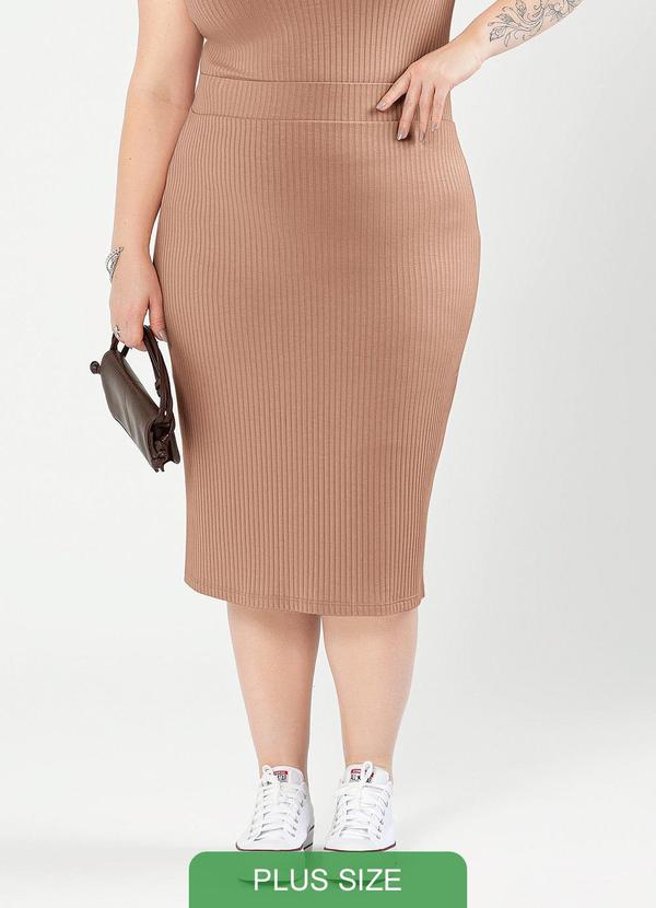 Cativa - Saia Plus Size Midi Canelada Marrom Claro