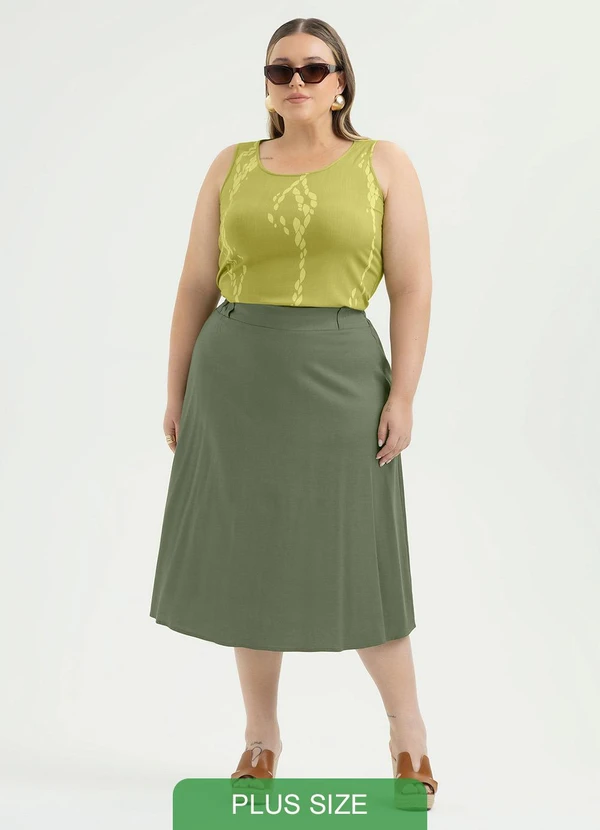 Cativa - Saia Plus Size Midi em Linho Verde Escuro