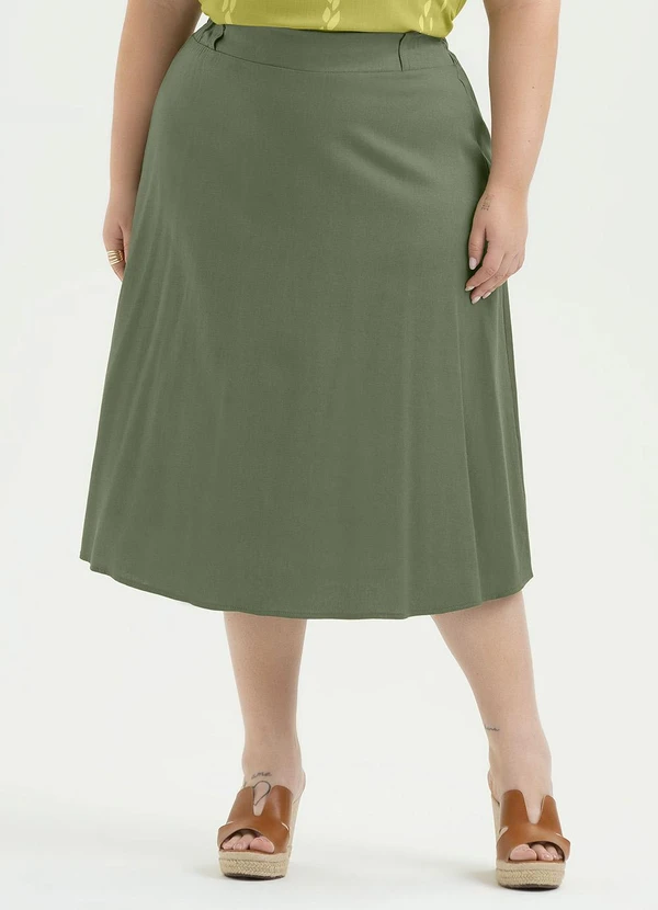 Cativa - Saia Plus Size Midi em Linho Verde Escuro