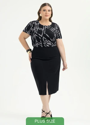 Cativa - Saia Plus Size Midi em Viscose Preto - CATIVA