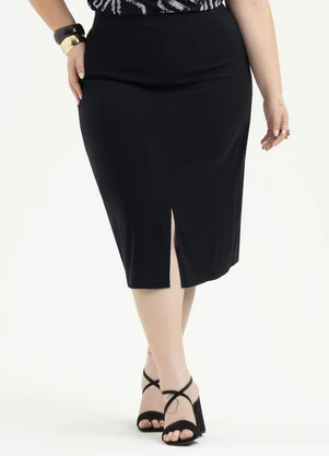Cativa - Saia Plus Size Midi em Viscose Preto - CATIVA
