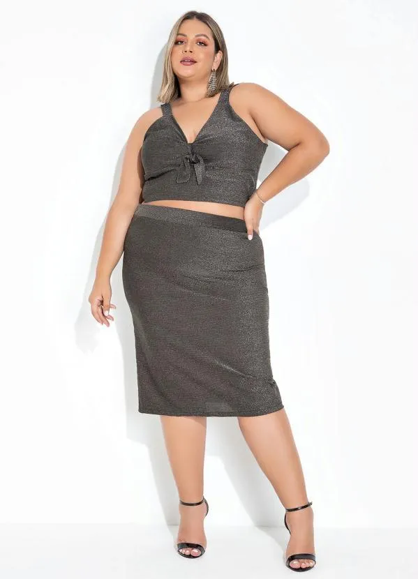 Marguerite - Saia Prata com Brilho e Fenda Plus Size 3
