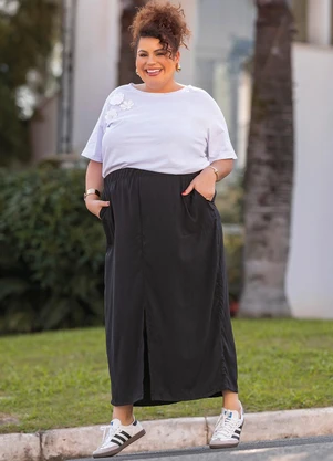 Marguerite - Saia Preta com Bolsos em Viscose Plana - MARGUERITE