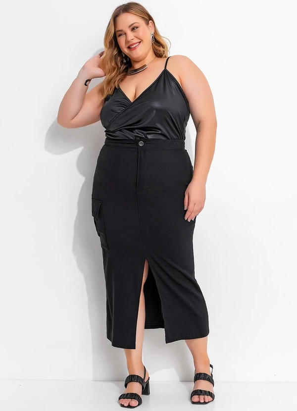 Marguerite - Saia Preta em Bengaline com Bolsos Cargo 3