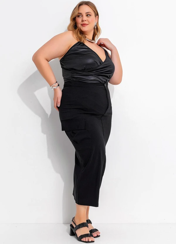 Marguerite - Saia Preta em Bengaline com Bolsos Cargo 6