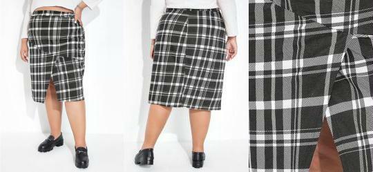 Saia Xadrez Preta com Fenda na Frente Plus Size
