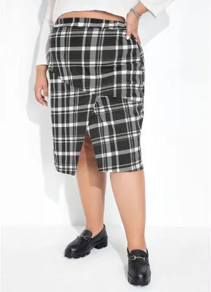 Marguerite - Saia Xadrez Preta com Fenda na Frente Plus Size - MARGUERITE