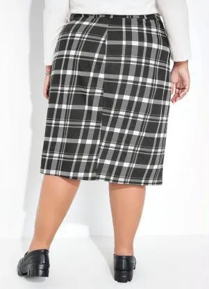 Marguerite - Saia Xadrez Preta com Fenda na Frente Plus Size - MARGUERITE