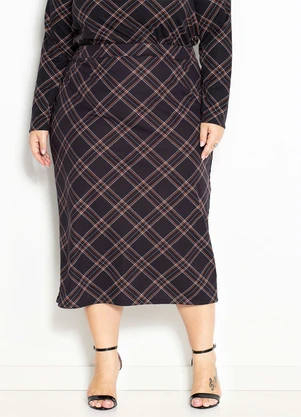Marguerite - Saia Xadrez Preta Lápis com Fenda Plus Size - MARGUERITE