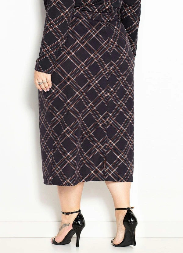 Marguerite - Saia Xadrez Preta Lápis com Fenda Plus Size 3