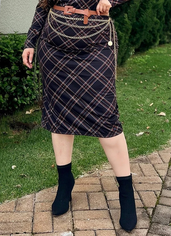 Marguerite - Saia Xadrez Preta Lápis com Fenda Plus Size 4