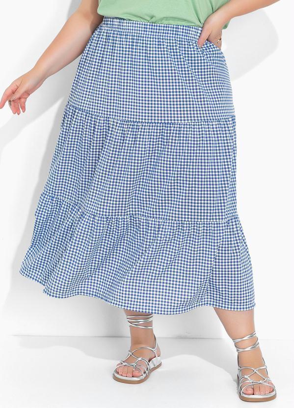 Marguerite - Saia Xadrez Vichy Azul com Franzidos Plus Size