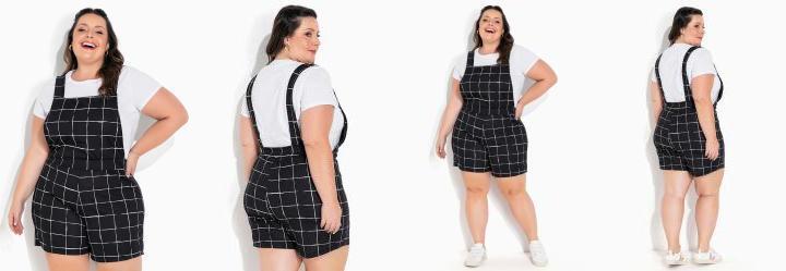 Jardineira Xadrez Preta com Elstico Plus Size