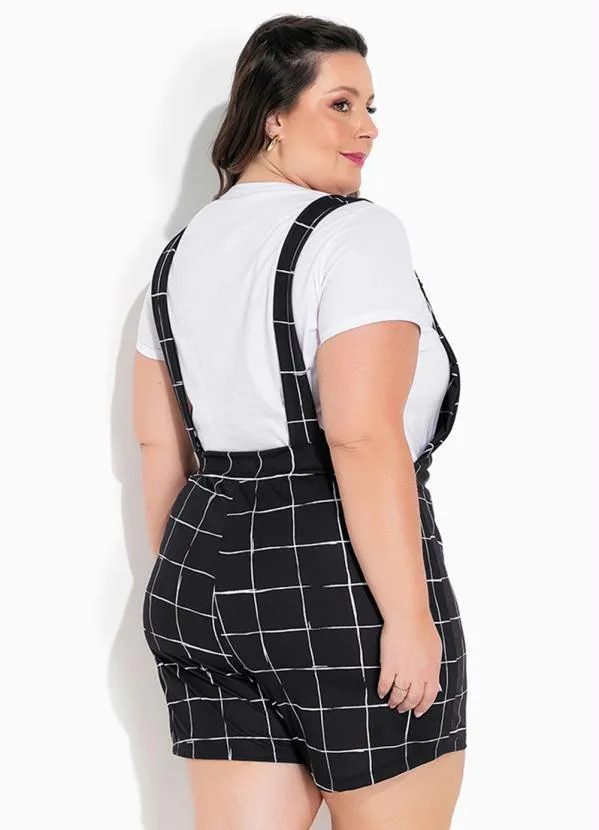 Marguerite - Jardineira Xadrez Preta com Elástico Plus Size 2