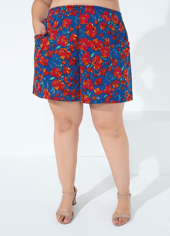 Marguerite - Short Floral Azul com Bolsos Plus Size 4