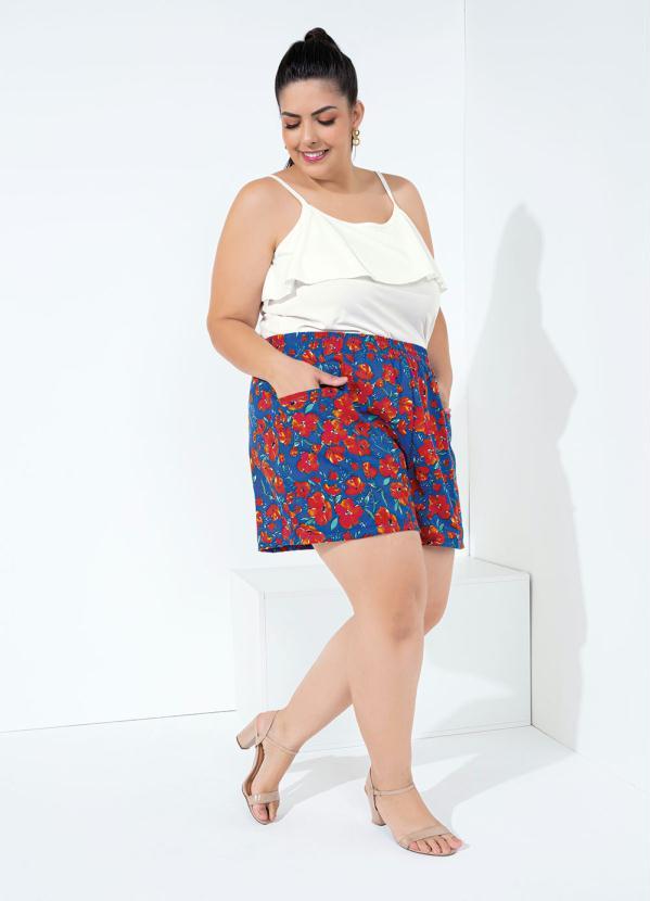 Marguerite - Short Floral Azul com Bolsos Plus Size 7