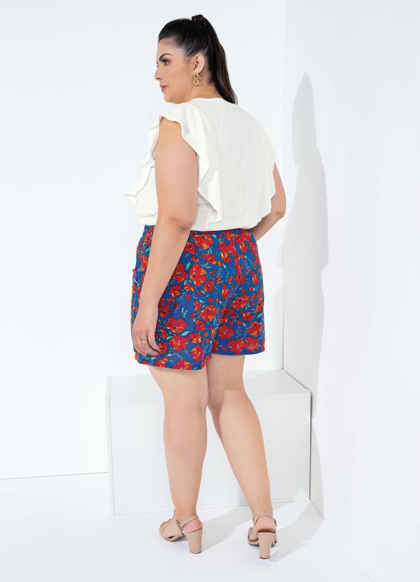 Marguerite - Short Floral Azul com Bolsos Plus Size 9