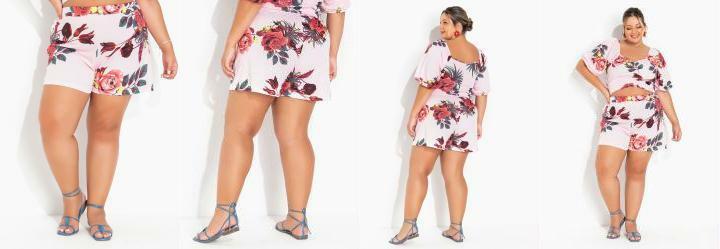 Short Floral Rosa Elstico na Cintura Plus Size