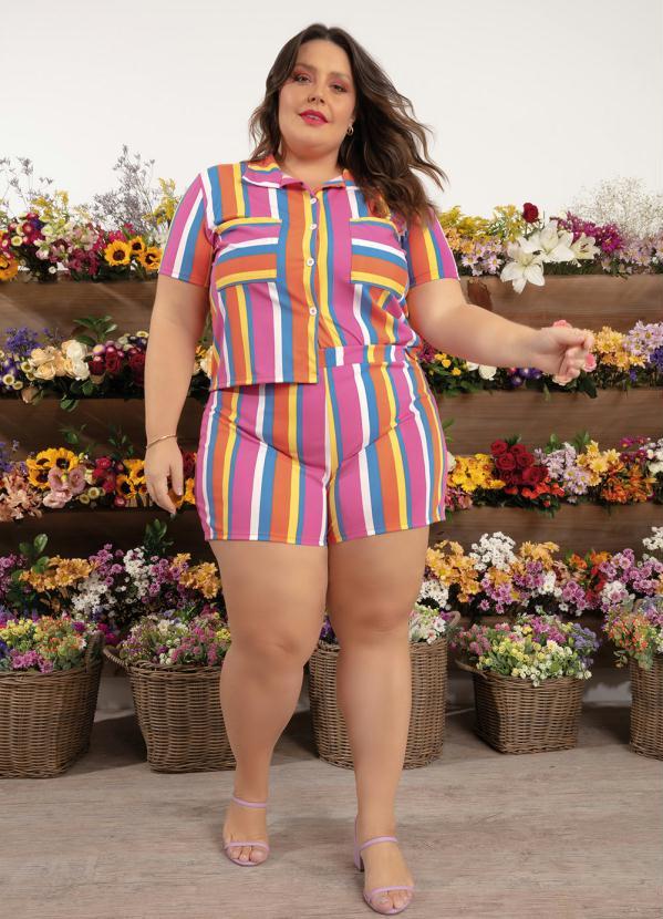 Outlet - Short Listrado com Elástico na Cintura Plus Size 2