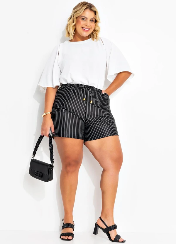 Marguerite - Short Risca de Giz Preto em Malha Fio Tinto 3