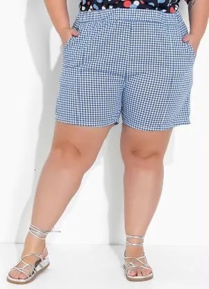 Marguerite - Short Xadrez Vichy Azul com Bolsos Plus Size - MARGUERITE