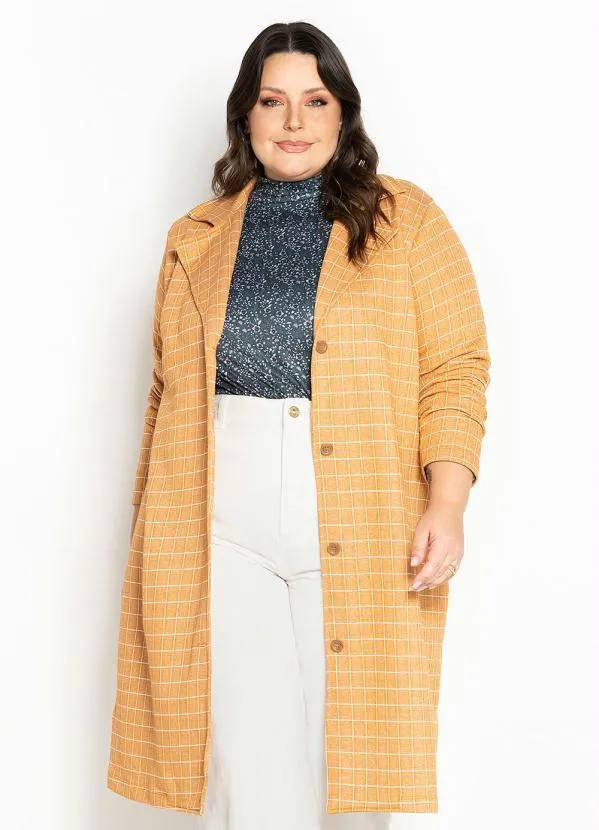 Marguerite - Sobretudo Xadrez Caramelo com Botões Plus Size 5