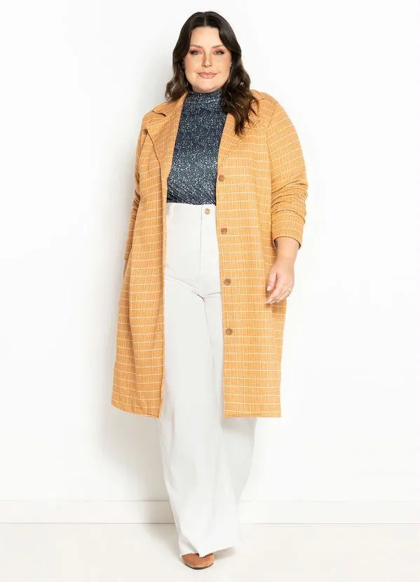 Marguerite - Sobretudo Xadrez Caramelo com Botões Plus Size 2