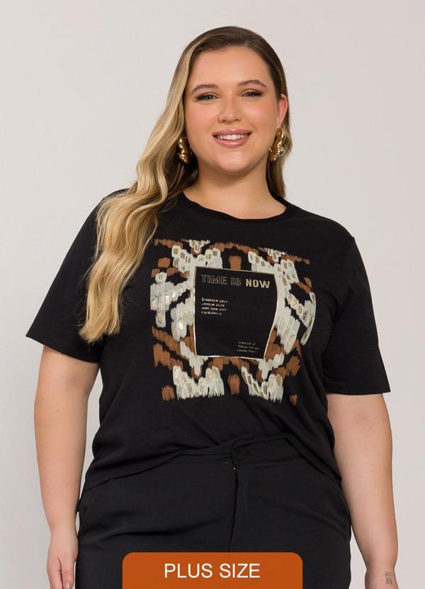 Lisamour - T-Shirt de Manga Curta com Estampa Frontal Preta