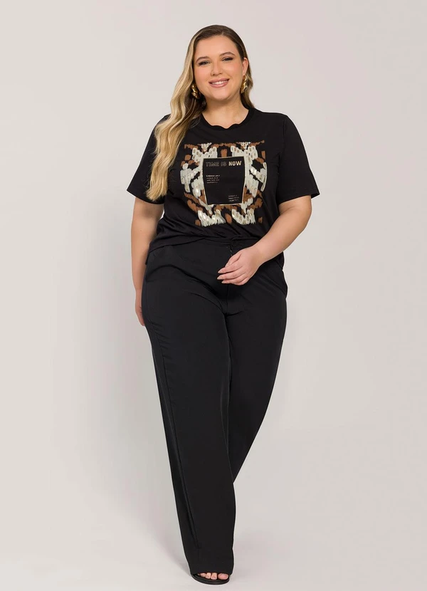 Lisamour - T-Shirt de Manga Curta com Estampa Frontal Preta 3