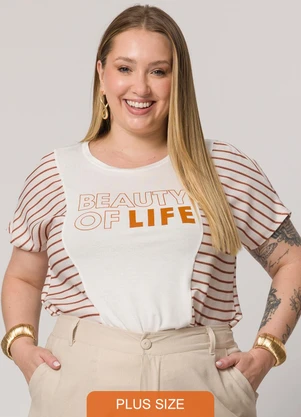 Lisamour - T-Shirt Listrada com Estampa Frontal Marrom - LISAMOUR