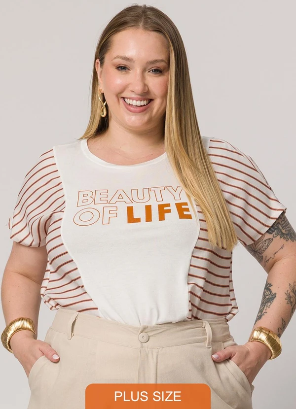 Lisamour - T-Shirt Listrada com Estampa Frontal Marrom