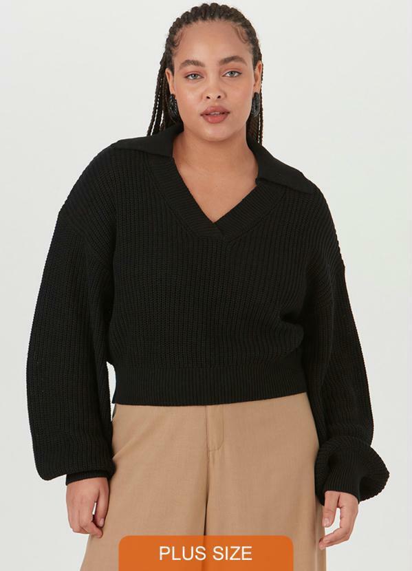Malwee Plus - Blusão de Tricô Plus Size Gola V Feminino Preto