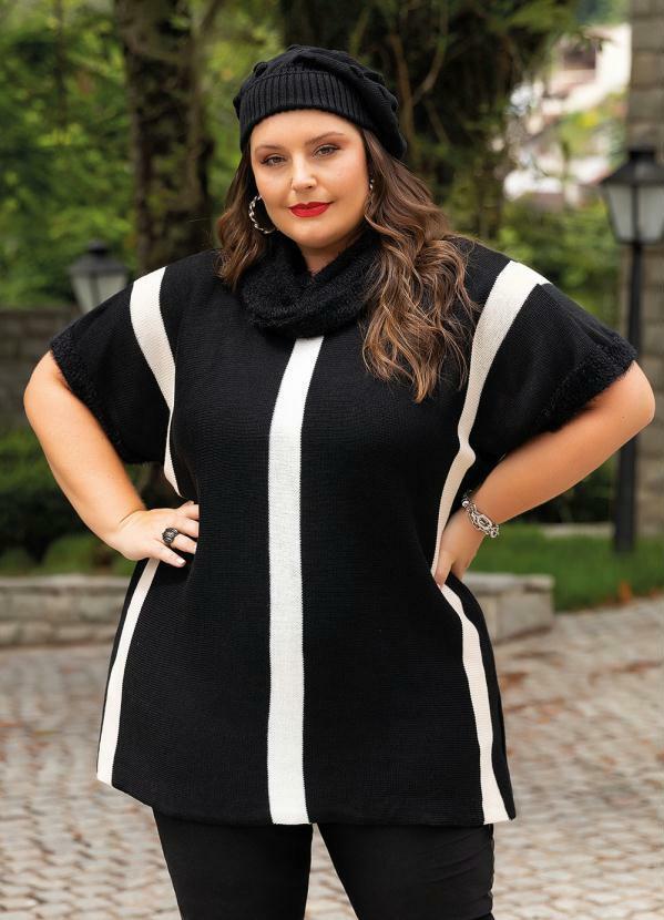 Mink - Poncho com Gola Avulsa Preto Off White Branco