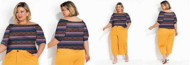 Blusa tnica Azul com Decote Ciganinha Plus Size