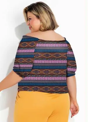 Marguerite - Blusa Étnica Azul com Decote Ciganinha Plus Size - MARGUERITE