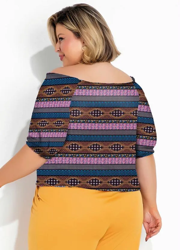 Marguerite - Blusa Étnica Azul com Decote Ciganinha Plus Size 2