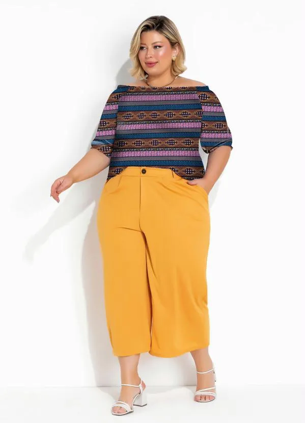 Marguerite - Blusa Étnica Azul com Decote Ciganinha Plus Size 3