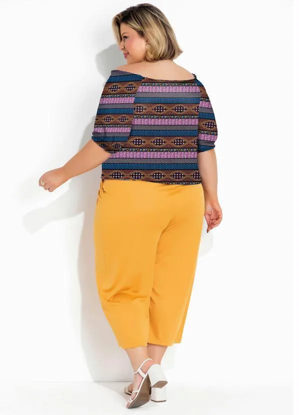 Marguerite - Blusa Étnica Azul com Decote Ciganinha Plus Size 4