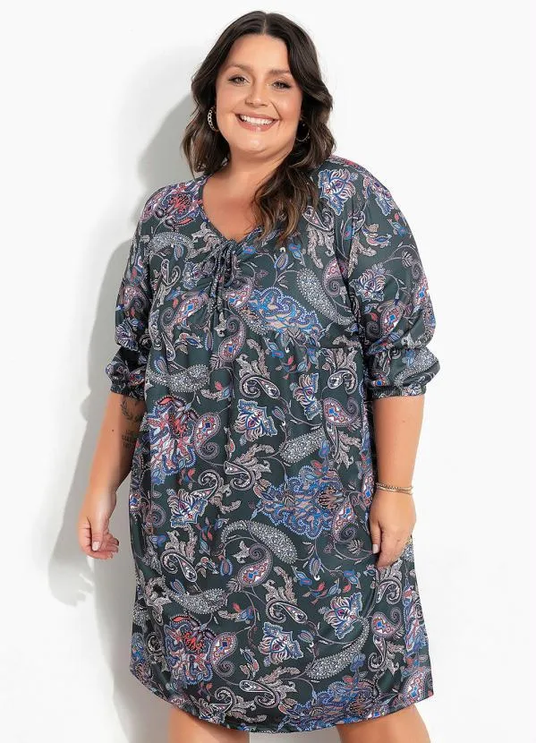 Marguerite - Vestido Arabescos Verde com Drapeado Plus Size
