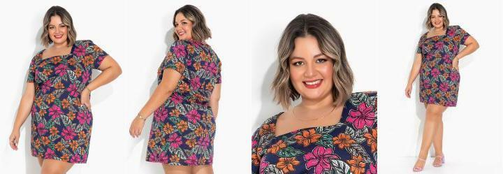 Vestido Floral Evas com Mangas Curtas Plus Size