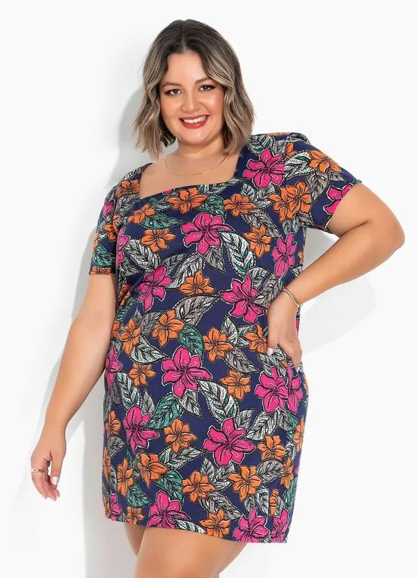 Marguerite - Vestido Floral Evasê com Mangas Curtas Plus Size