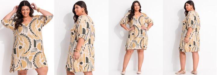 Vestido Abstrato Bege em Malha de Viscose