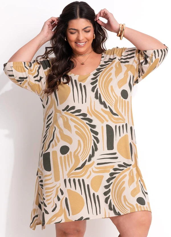 Marguerite - Vestido Abstrato Bege em Malha de Viscose