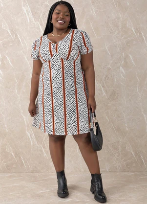 Marguerite - Vestido Abstrato e Listras com Mangas Plus Size - MARGUERITE